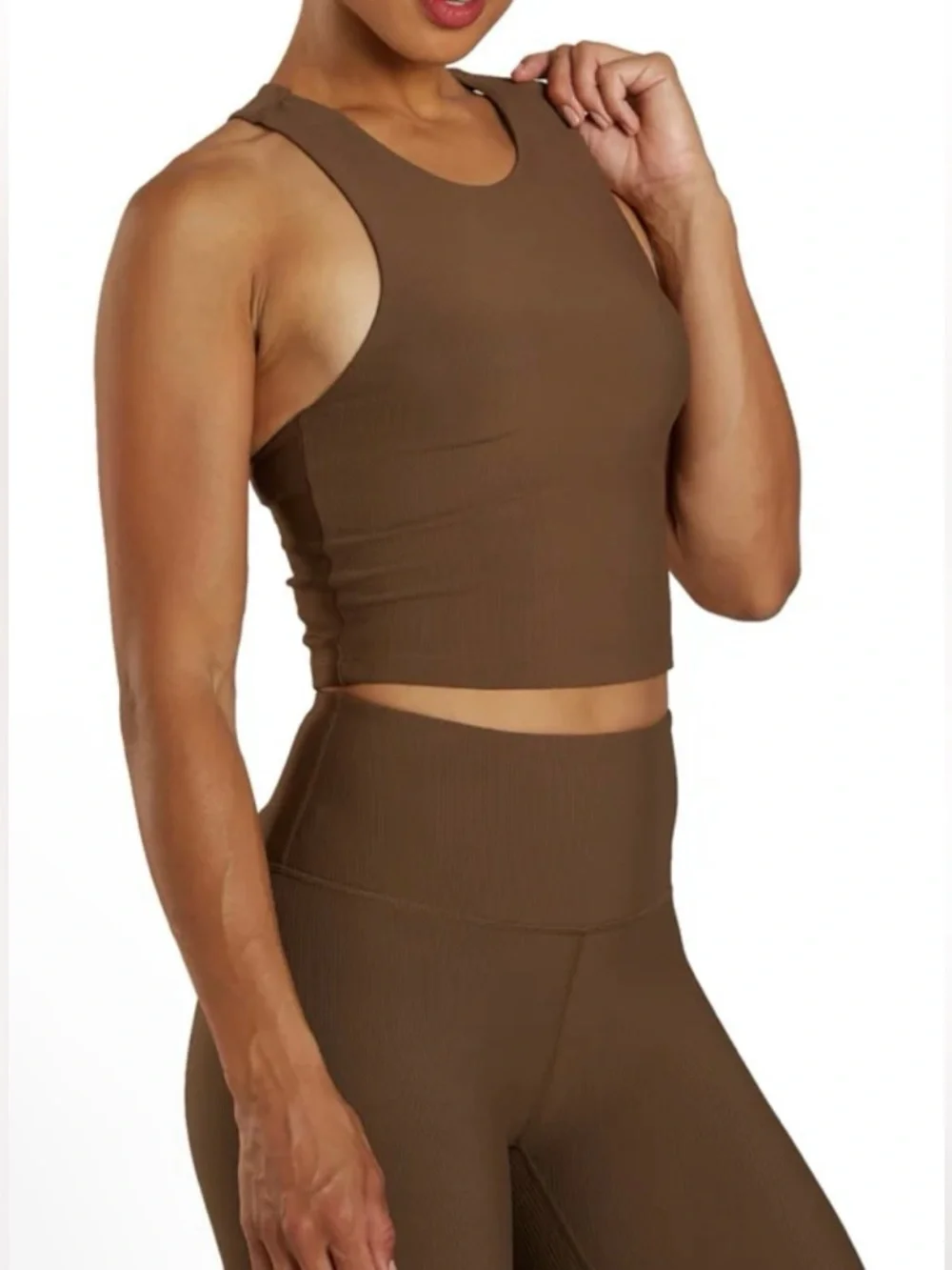 Varley Chocolate Brown Ribbed Long Line Racerback Sports Bra - Size S - Picture 2 of 7